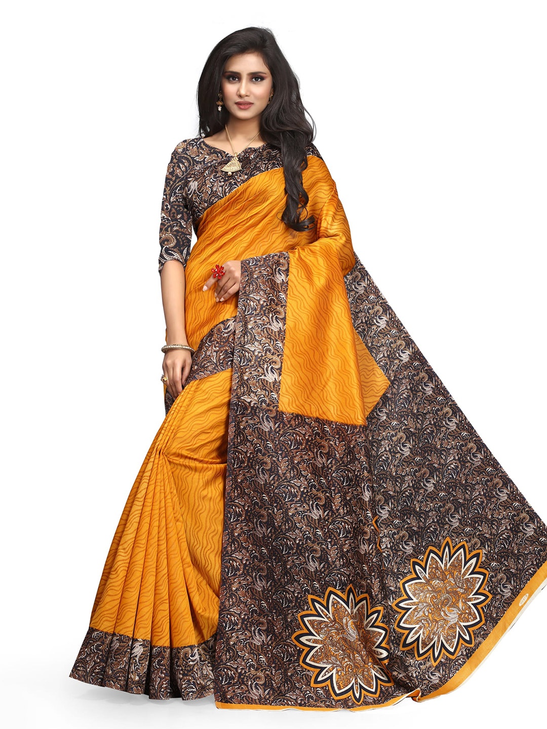 Mitera Abstract Printed Art Silk Banarasi Saree, Brown