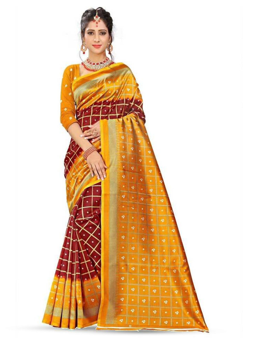 Mitera Maroon & Yellow Checked Art Silk Saree