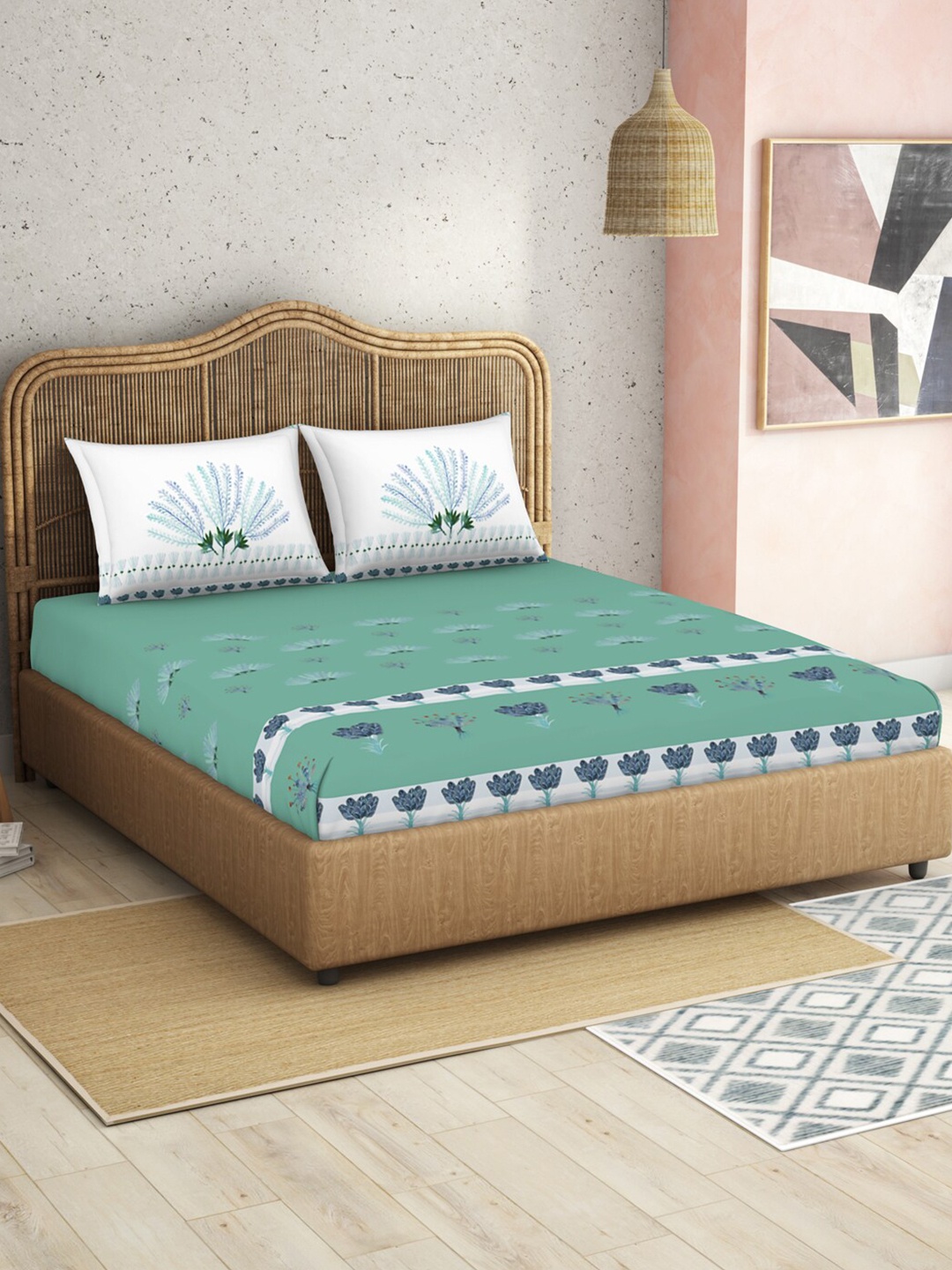 SPACES Kalakari Haath Green Floral Pure Cotton 210 TC King Bedsheet & 2 Pillow Covers