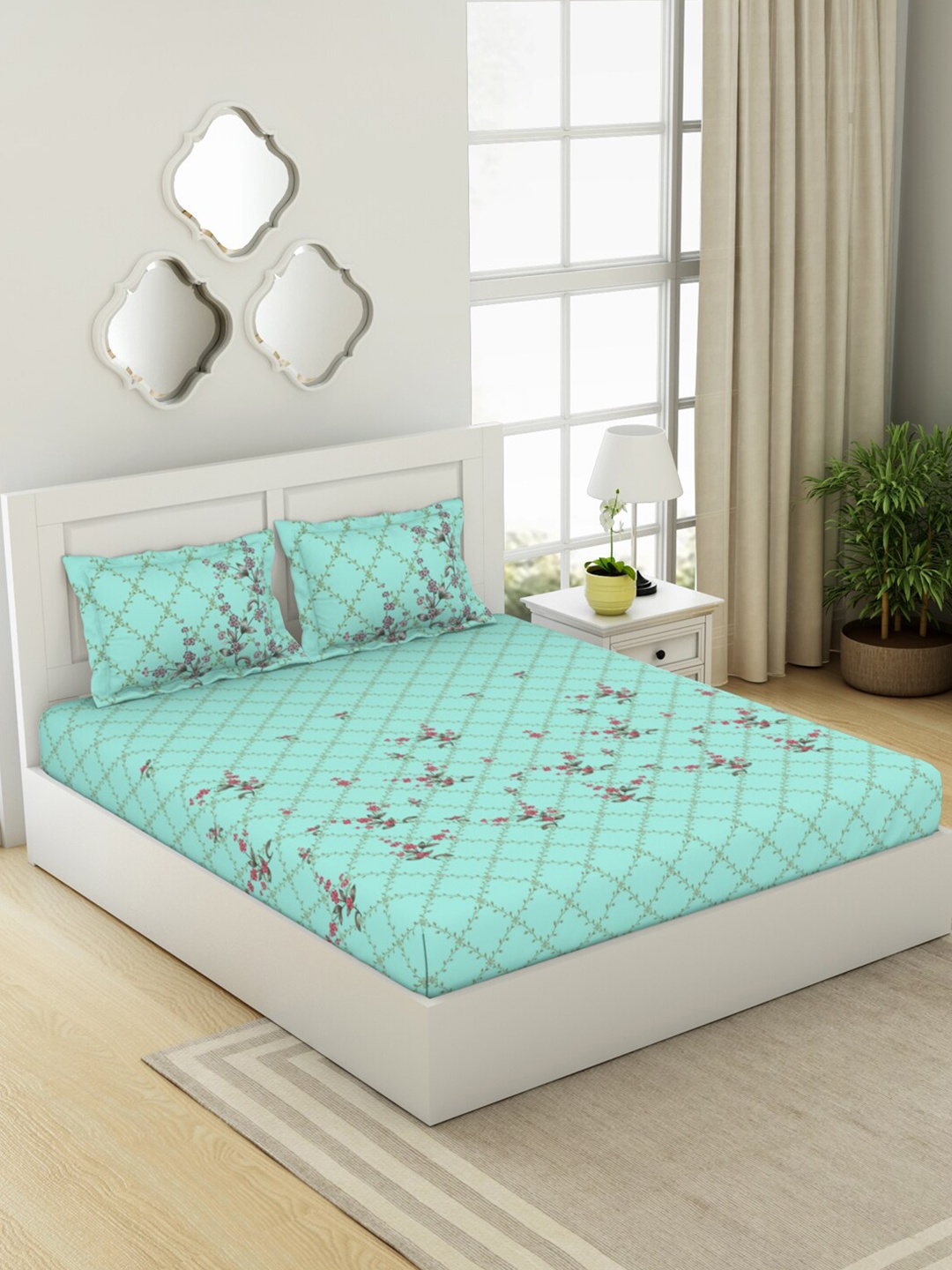 SPACES Lattice Blue & Pink Floral Pure Cotton 144 TC King Bedsheet with 2 Pillow Covers
SPACES Lattice Blue & Pink Floral Pure Cotton 144 TC King Bedsheet with 2 Pillow Covers