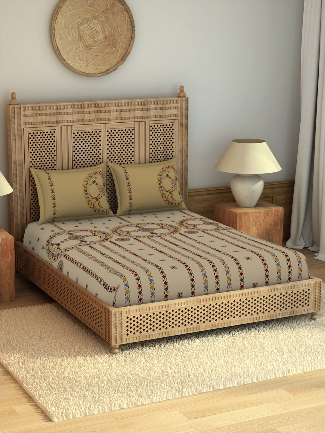 SPACES Chamba Rumal Beige Ethnic Motifs Cotton 210 TC King Bedsheet & 2 Pillow Covers
SPACES Chamba Rumal Beige Ethnic Motifs Cotton 210 TC King Bedsheet & 2 Pillow Covers