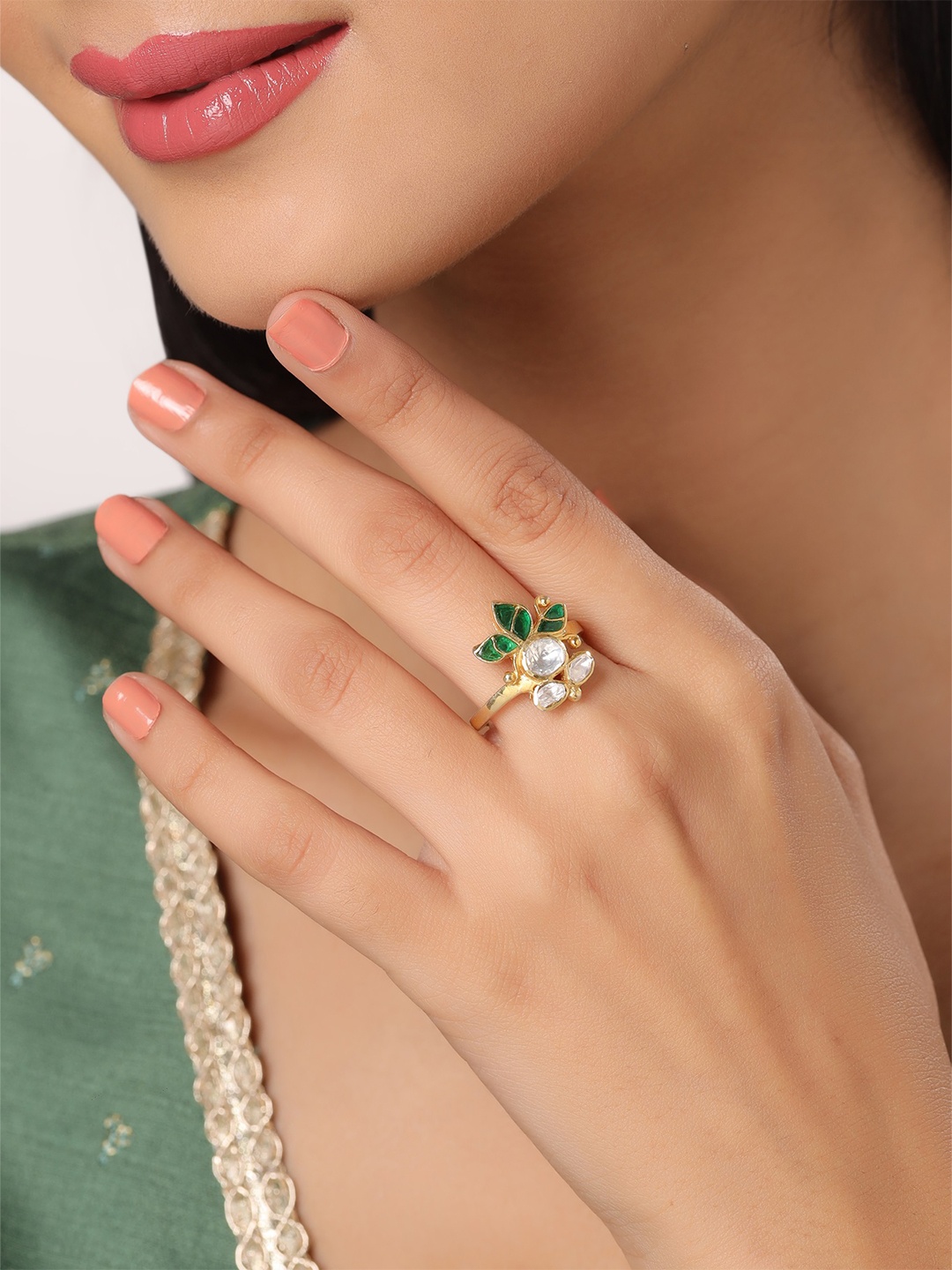 Kicky And Perky 925 Sterling Silver Polki Moissanite Studded Adjustable Ring, Gold
Kicky And Perky 925 Sterling Silver Polki Moissanite Studded Adjustable Ring, Gold