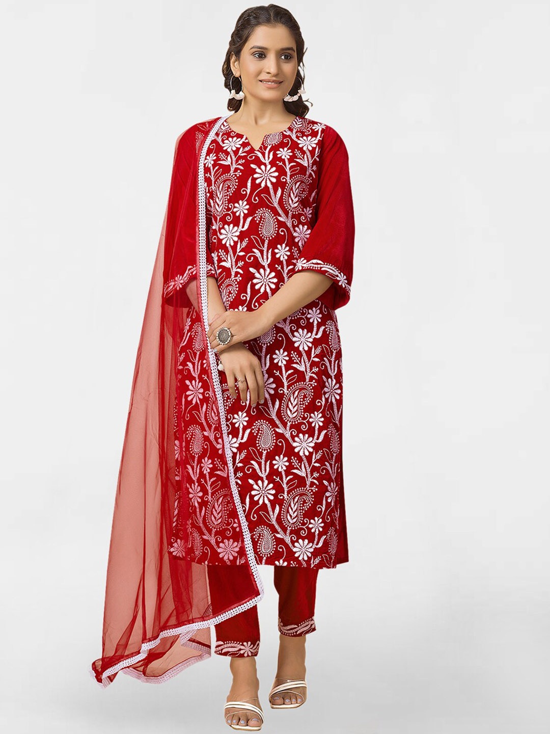 KALINI Floral Embroidered & Laced Thread Work Velvet Kurta WithTrousers & Dupatta, Red
KALINI Floral Embroidered & Laced Thread Work Velvet Kurta WithTrousers & Dupatta, Red