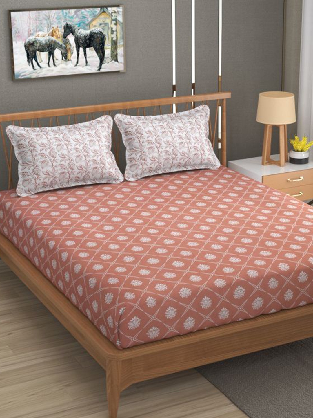 Florida Maroon & White Ethnic Motifs Cotton Fitted 144 TC King Bedsheet & 2 Pillow Covers
Florida Maroon & White Ethnic Motifs Cotton Fitted 144 TC King Bedsheet & 2 Pillow Covers