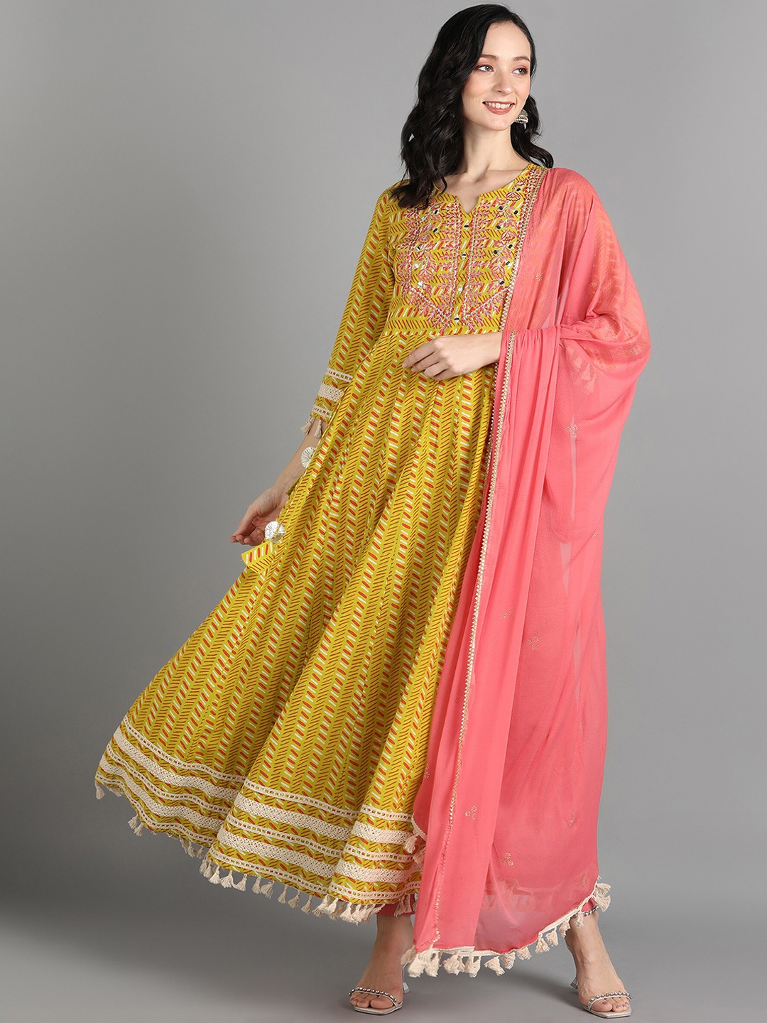 KALINI Ethnic Motifs Printed Thread Work Pure Cotton Anarkali Kurta & Trouser With Dupatta, Yellow
KALINI Ethnic Motifs Printed Thread Work Pure Cotton Anarkali Kurta & Trouser With Dupatta, Yellow