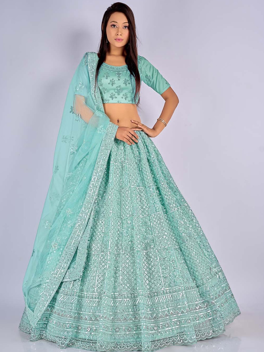 HALFSAREE STUDIO Embellished Semi-Stitched Net Lehenga With Unstitched Choli & Dupatta, Sea green
HALFSAREE STUDIO Embellished Semi-Stitched Net Lehenga With Unstitched Choli & Dupatta, Sea green