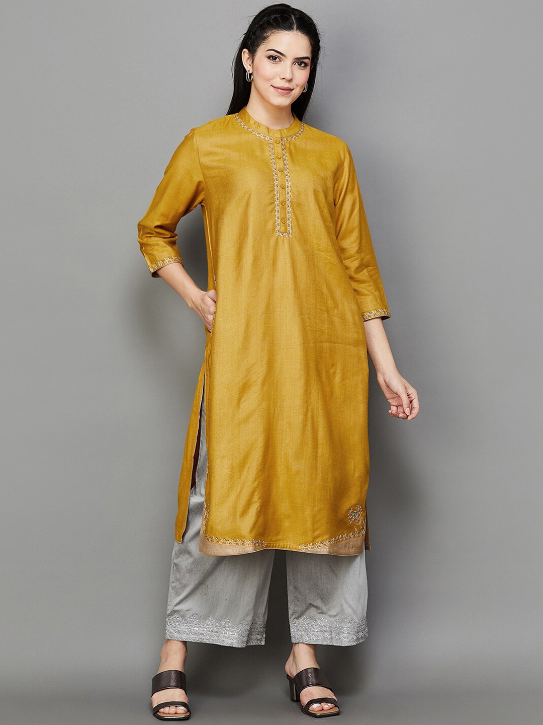 Melange by Lifestyle Mandarin Collar Thread Work A-line Silk Kurta With Pockets, Mustard
Melange by Lifestyle Mandarin Collar Thread Work A-line Silk Kurta With Pockets, Mustard