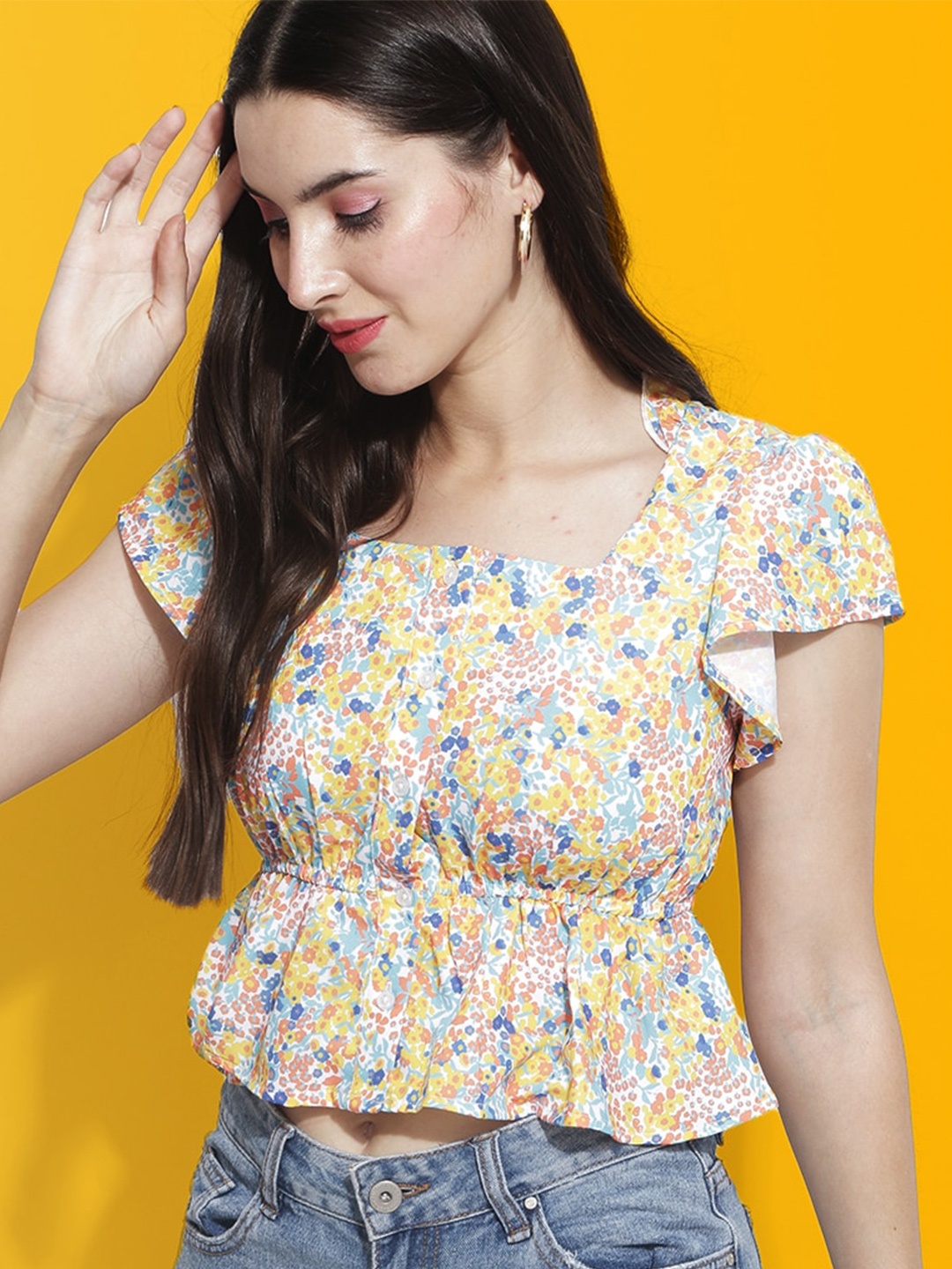 Mast & Harbour Floral Printed Square Neck Flutter Sleeve Cinched Waist Crop Top, White
Mast & Harbour Floral Printed Square Neck Flutter Sleeve Cinched Waist Crop Top, White