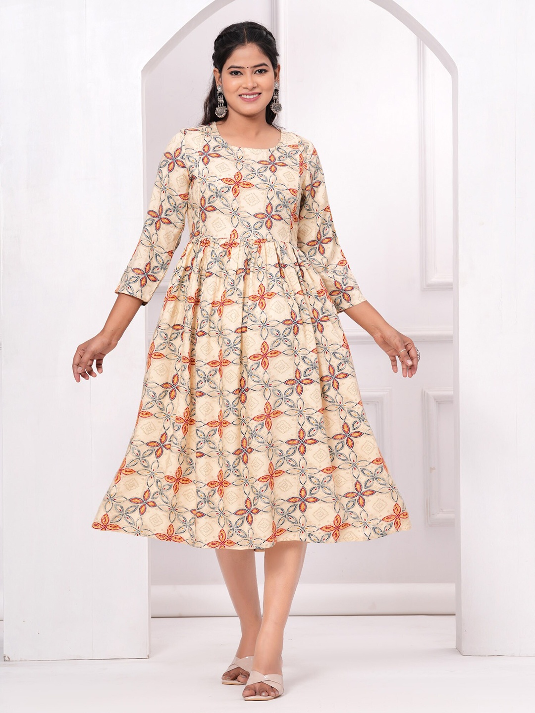 PREKSHA Floral Printed Cotton Maternity Ethnic Dress, Beige