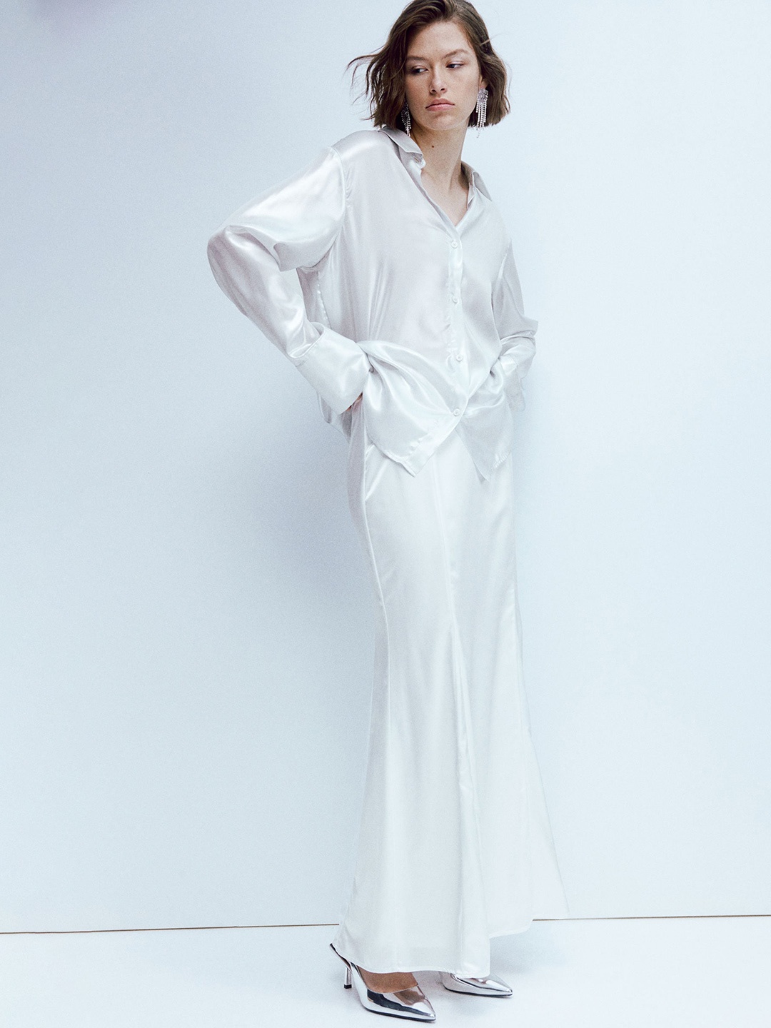 H&M Crepe Satin Skirt, White
