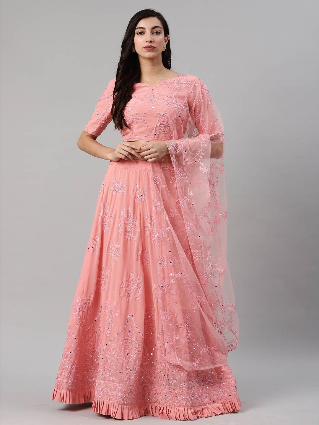 SHUBHKALA Embroidered Mirror Work Semi-Stitched Lehenga & Unstitched Blouse With Dupatta, Pink
SHUBHKALA Embroidered Mirror Work Semi-Stitched Lehenga & Unstitched Blouse With Dupatta, Pink