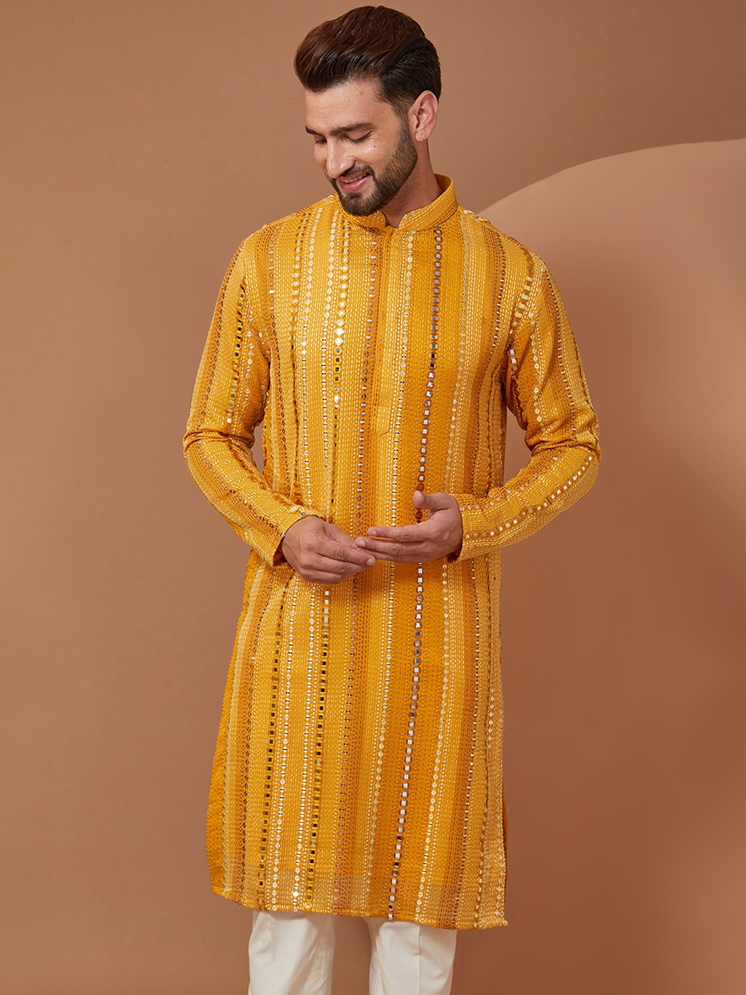 KASBAH CLOTHING NISHCHAIY SAJDEH Geometric Embroidered Mirror Work Straight Kurta, Yellow
KASBAH CLOTHING NISHCHAIY SAJDEH Geometric Embroidered Mirror Work Straight Kurta, Yellow