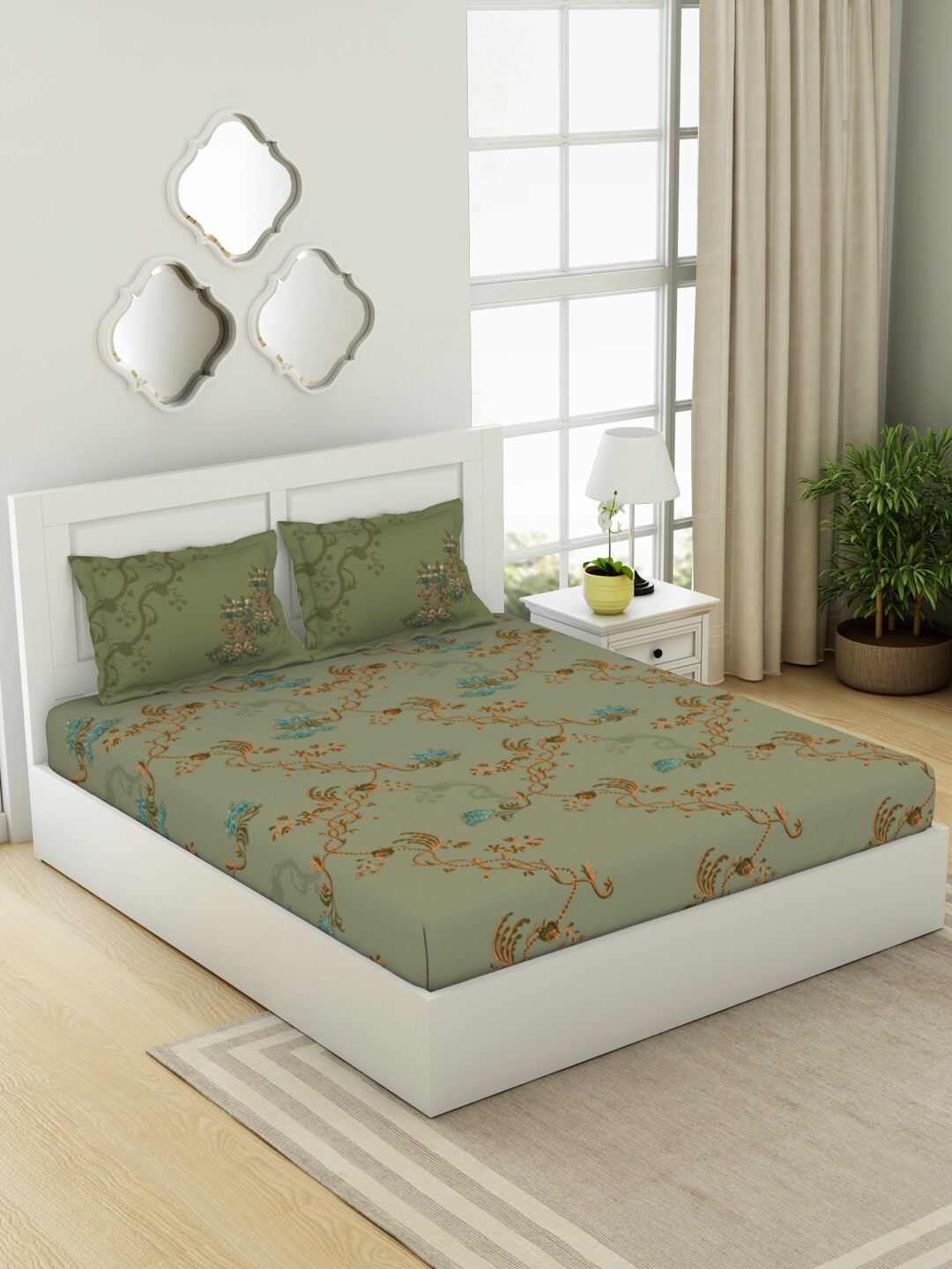 SPACES Lattice Grey & Green Floral Cotton 144 TC King Bedsheet With 2 Pillow Covers
SPACES Lattice Grey & Green Floral Cotton 144 TC King Bedsheet With 2 Pillow Covers