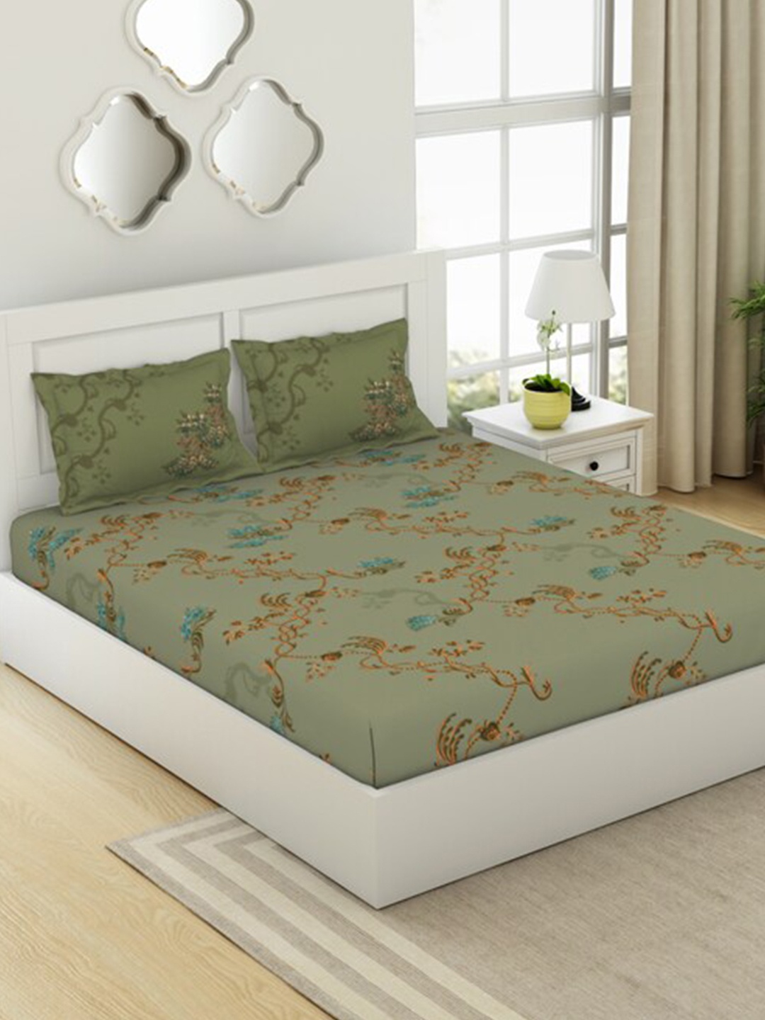SPACES Olive Green & Beige Printed Cotton Fitted 144 TC King Bedsheet & 2 Pillow Covers
SPACES Olive Green & Beige Printed Cotton Fitted 144 TC King Bedsheet & 2 Pillow Covers