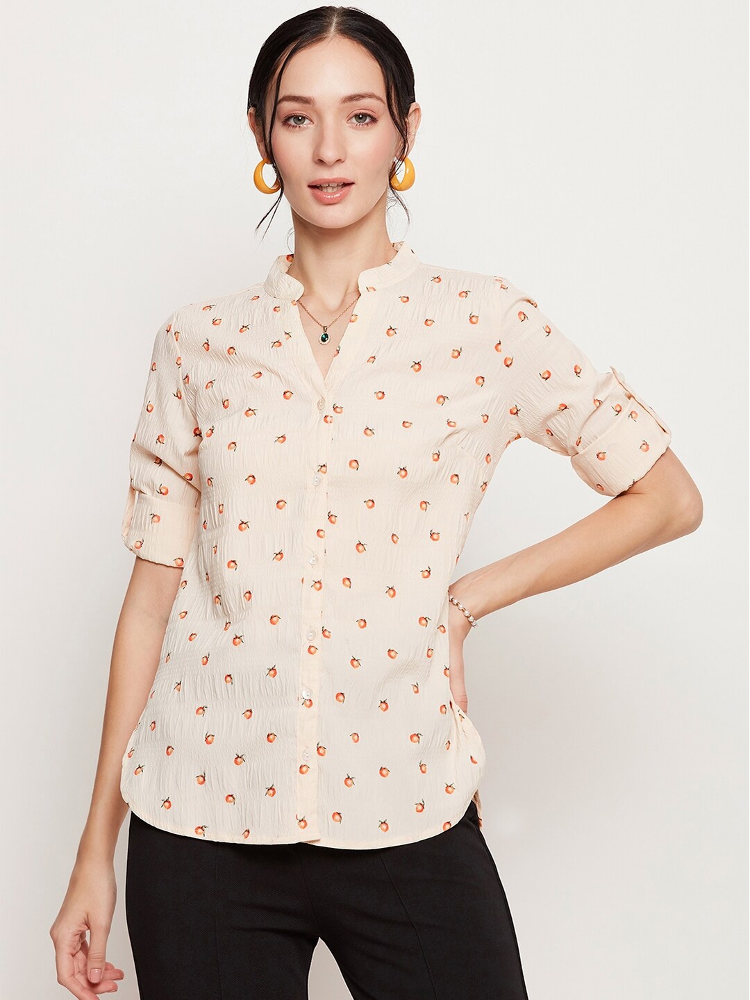 Ruhaans Conversational Printed Mandarin Collar Roll-Up Sleeves Shirt Style Top, Cream
Ruhaans Conversational Printed Mandarin Collar Roll-Up Sleeves Shirt Style Top, Cream