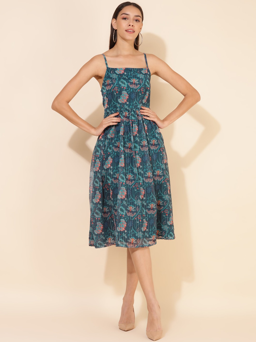 Janasya Floral Lurex Digital Printed Shoulder Straps Chiffon Fit & Flare Dress, Blue
Janasya Floral Lurex Digital Printed Shoulder Straps Chiffon Fit & Flare Dress, Blue