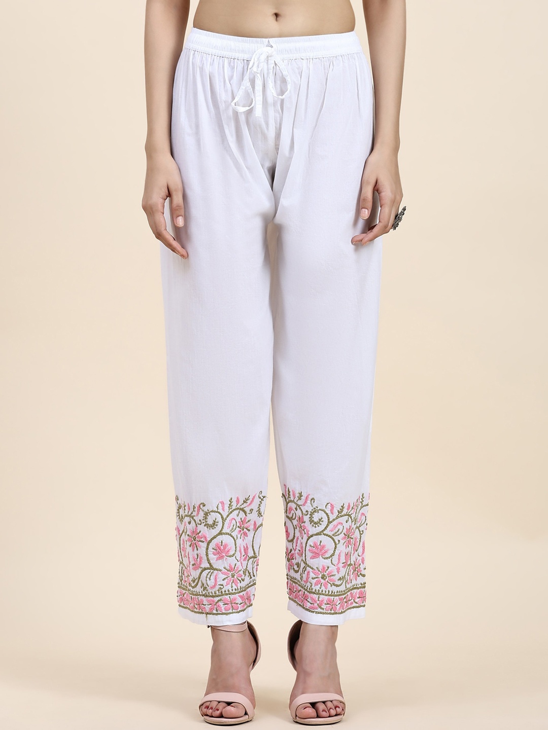 HOUSE OF KARI Women Ethnic Motifs Embroidered Chikankari Cotton Trousers, White
HOUSE OF KARI Women Ethnic Motifs Embroidered Chikankari Cotton Trousers, White