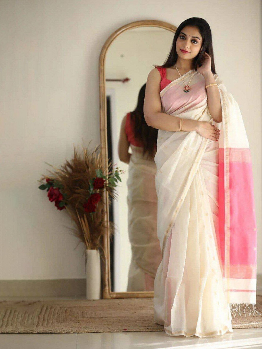 APNISHA Ethnic Motifs Woven Design Zari Pure Cotton Saree, White