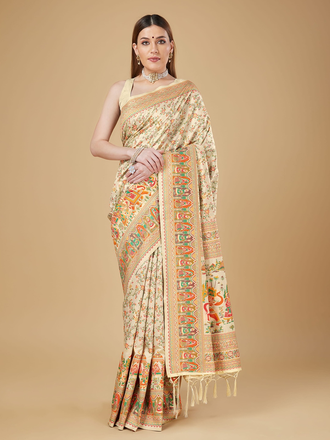 RAJ DHARMA SILK Ethnic Motifs Woven Design Pashmina Work Zari Banarasi Saree, Cream
RAJ DHARMA SILK Ethnic Motifs Woven Design Pashmina Work Zari Banarasi Saree, Cream