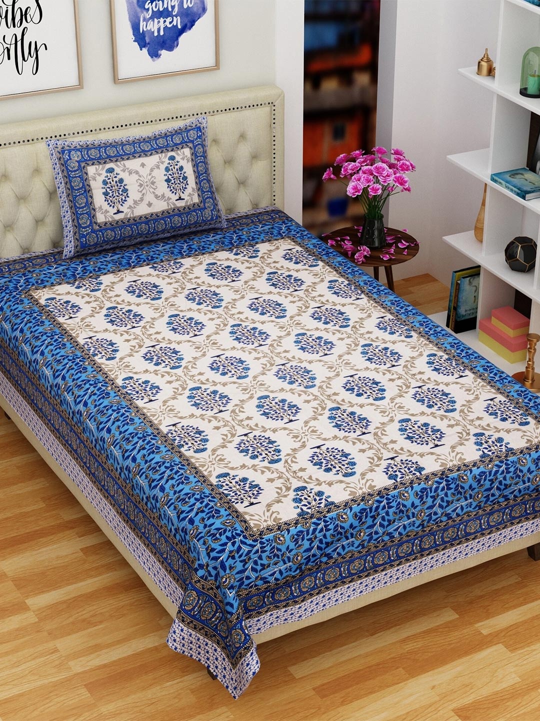 Rajasthanikart Blue & Cream-Coloured Cotton 144 TC Single Bedsheet with 1 Pillow Cover
Rajasthanikart Blue & Cream-Coloured Cotton 144 TC Single Bedsheet with 1 Pillow Cover