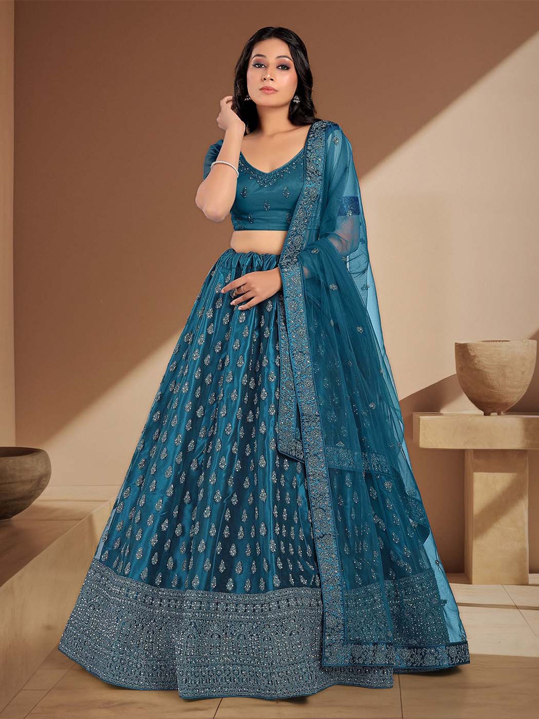 HALFSAREE STUDIO Embroidered Semi-Stitched Lehenga & Unstitched Blouse With Dupatta, Teal
HALFSAREE STUDIO Embroidered Semi-Stitched Lehenga & Unstitched Blouse With Dupatta, Teal