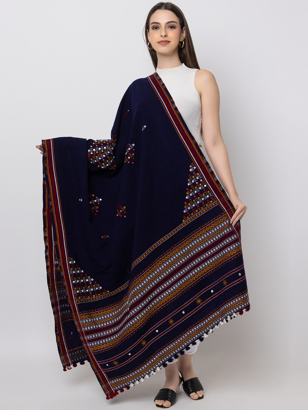 CASMIR Kutchi Tribal Embroidered Mirror Work Shawl With Tasseled Border, Navy blue
CASMIR Kutchi Tribal Embroidered Mirror Work Shawl With Tasseled Border, Navy blue