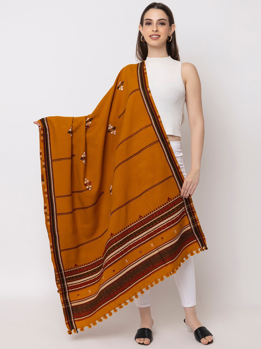 CASMIR Kutch Tribal Embroidered Mirror Work Tasselled Shawl, Mustard
