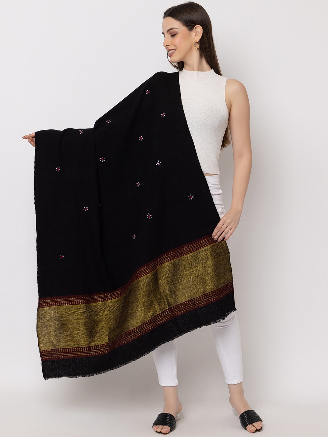 CASMIR Kutch Embroidered Mirror Work Woollen Shawl, Black