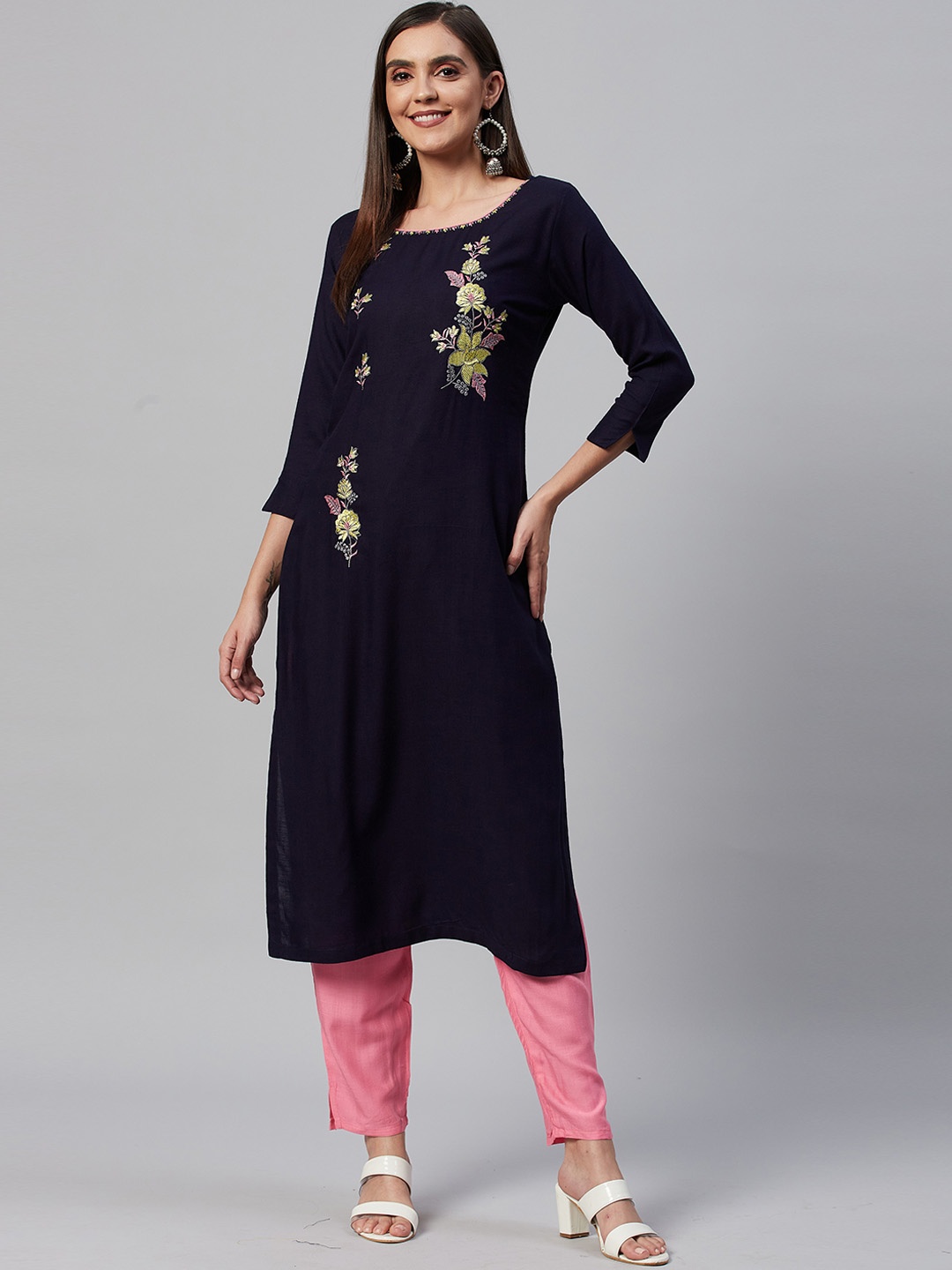 JC4U Floral Embroidered Kurta with Trousers, Navy blue