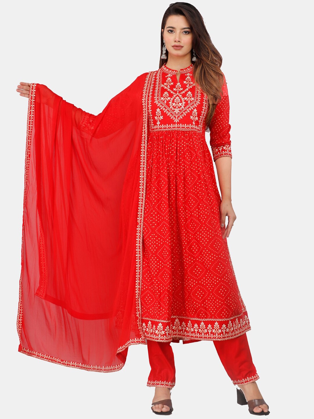 JC4U Polka Dots Printed Mandarin Collar Anarkali Thread Work Kurta with Trousers, Red
JC4U Polka Dots Printed Mandarin Collar Anarkali Thread Work Kurta with Trousers, Red