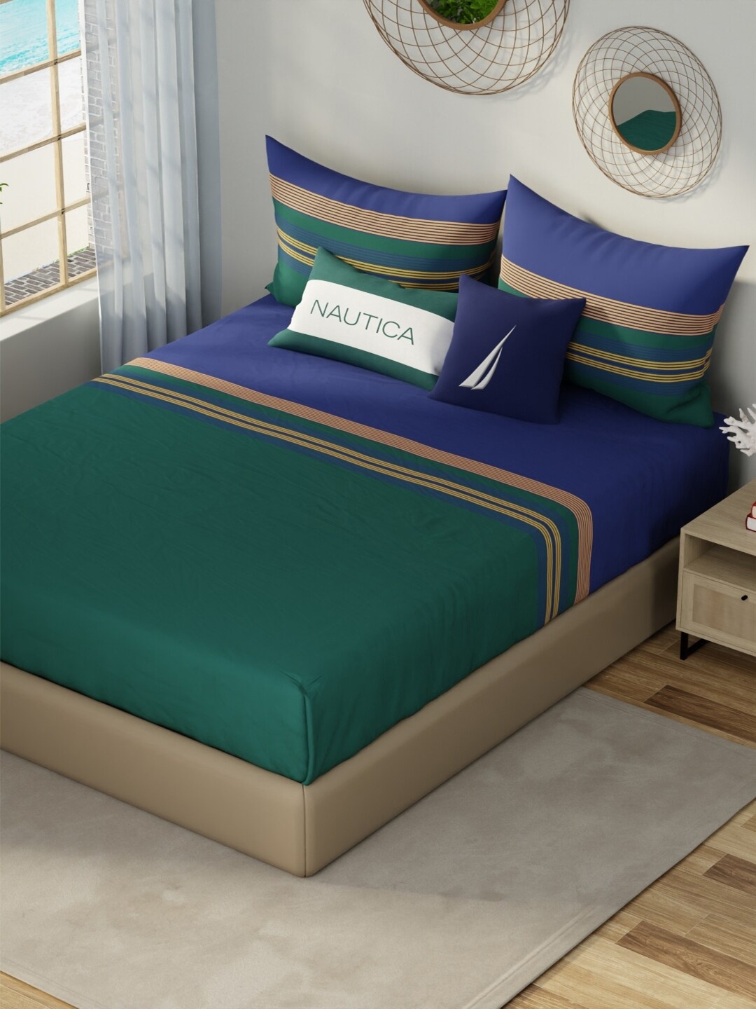 Nautica Hampton Green & Blue Striped Satin Cotton 210 TC King Bedsheet & 2 Pillow Covers
Nautica Hampton Green & Blue Striped Satin Cotton 210 TC King Bedsheet & 2 Pillow Covers