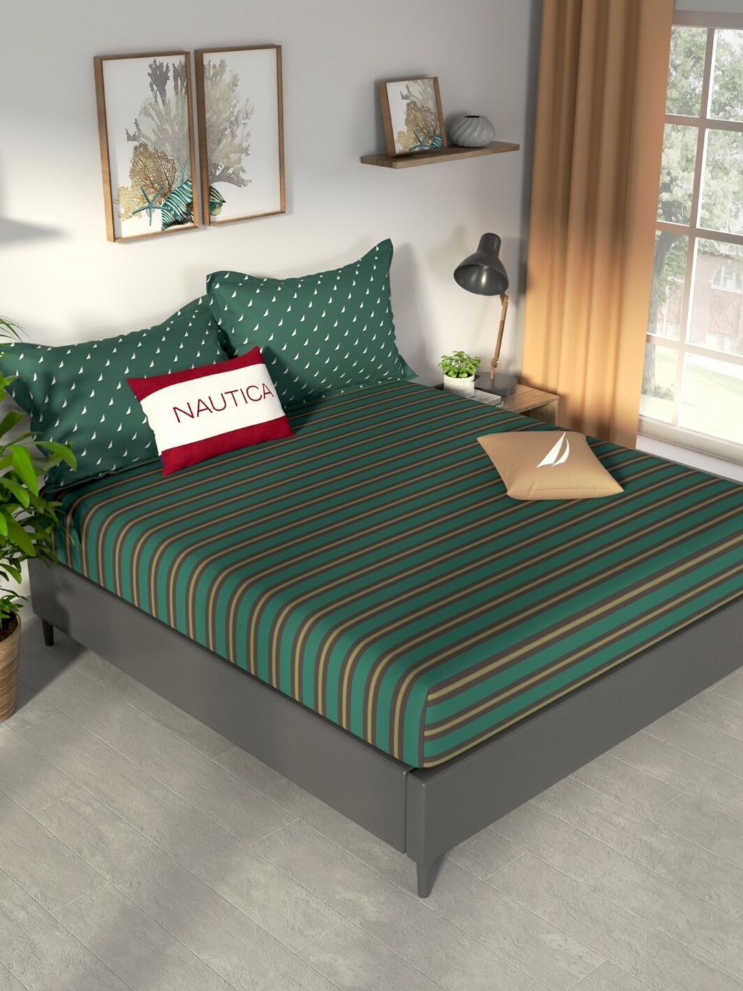 Nautica Green & White Striped Cotton Fitted 160 TC King Bedsheet With 2 Pillow Covers
Nautica Green & White Striped Cotton Fitted 160 TC King Bedsheet With 2 Pillow Covers