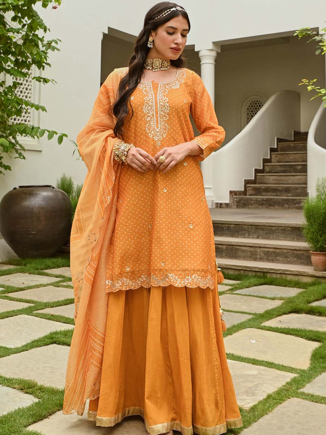 Meena Bazaar Ethnic Motifs Embroidered Gotta Patti Kurta with Skirt & Dupatta, Mustard
Meena Bazaar Ethnic Motifs Embroidered Gotta Patti Kurta with Skirt & Dupatta, Mustard