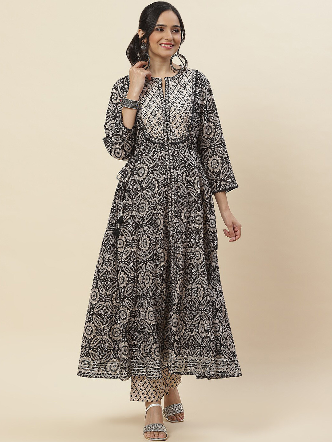 Meena Bazaar Ethnic Motifs Printed Cotton Empire Anarkali Kurta with Trousers, Black
Meena Bazaar Ethnic Motifs Printed Cotton Empire Anarkali Kurta with Trousers, Black