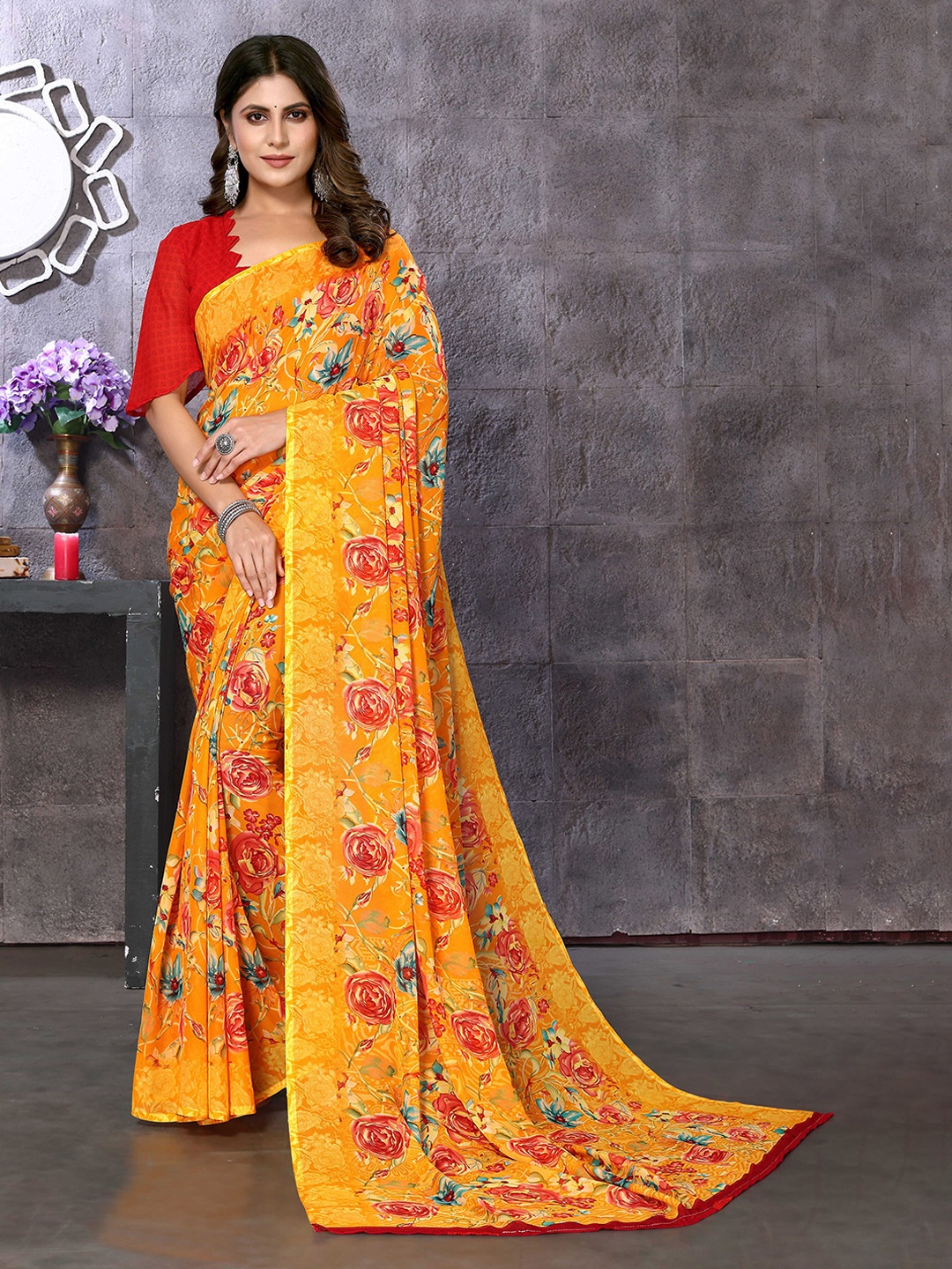 Yashika Floral Printed Poly Georgette Saree, Yellow