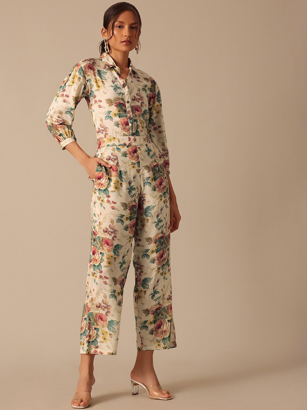 KALKI Fashion Floral Printed Shirt Collar Shirt With Trouser, White