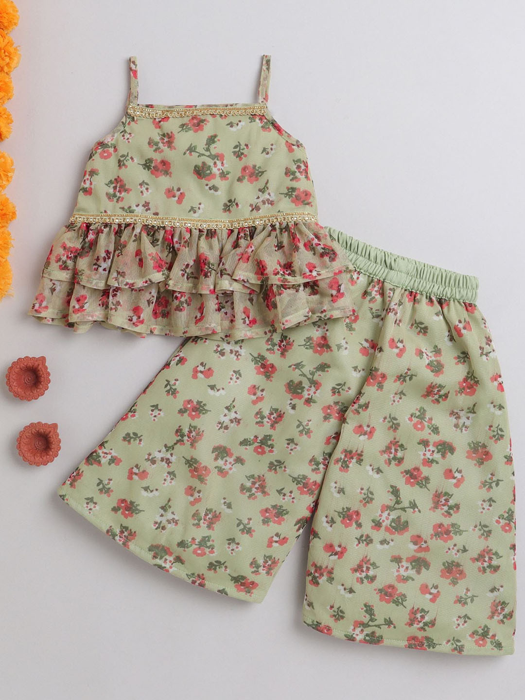 MANY FROCKS & Infant Girls Floral Printed Shoulder Strapped Kurti with Palazzos, Green
MANY FROCKS & Infant Girls Floral Printed Shoulder Strapped Kurti with Palazzos, Green