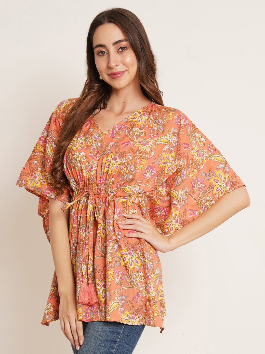 COTLAND FASHION Floral Printed V-Neck Kimono Sleeves Pure Cotton Kaftan Longline Top, Orange
COTLAND FASHION Floral Printed V-Neck Kimono Sleeves Pure Cotton Kaftan Longline Top, Orange