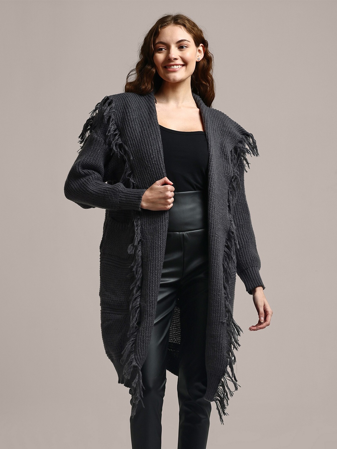 iki chic Cable Knit Woollen Longline Open Front Sweater With Fringed Detail, Charcoal
iki chic Cable Knit Woollen Longline Open Front Sweater With Fringed Detail, Charcoal