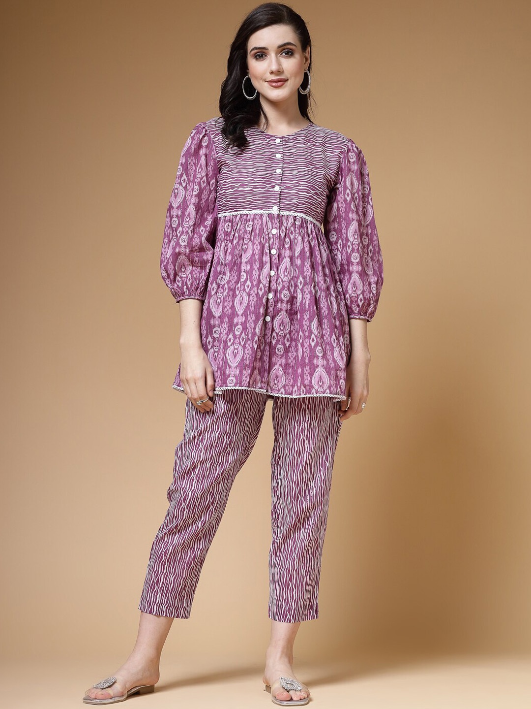 Indibelle Ethnic Motifs Printed Pure Cotton Ikat Pleated A-line Kurti With Trouser, Purple
Indibelle Ethnic Motifs Printed Pure Cotton Ikat Pleated A-line Kurti With Trouser, Purple