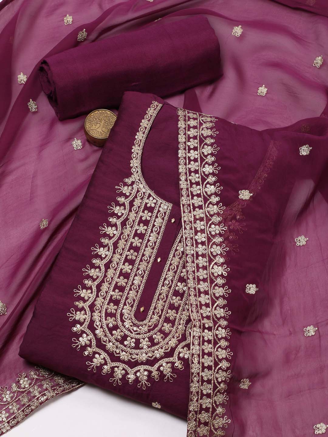 Meena Bazaar Ethnic Motifs Embroidered Sequined Art Silk Unstitched Dress Material, Purple