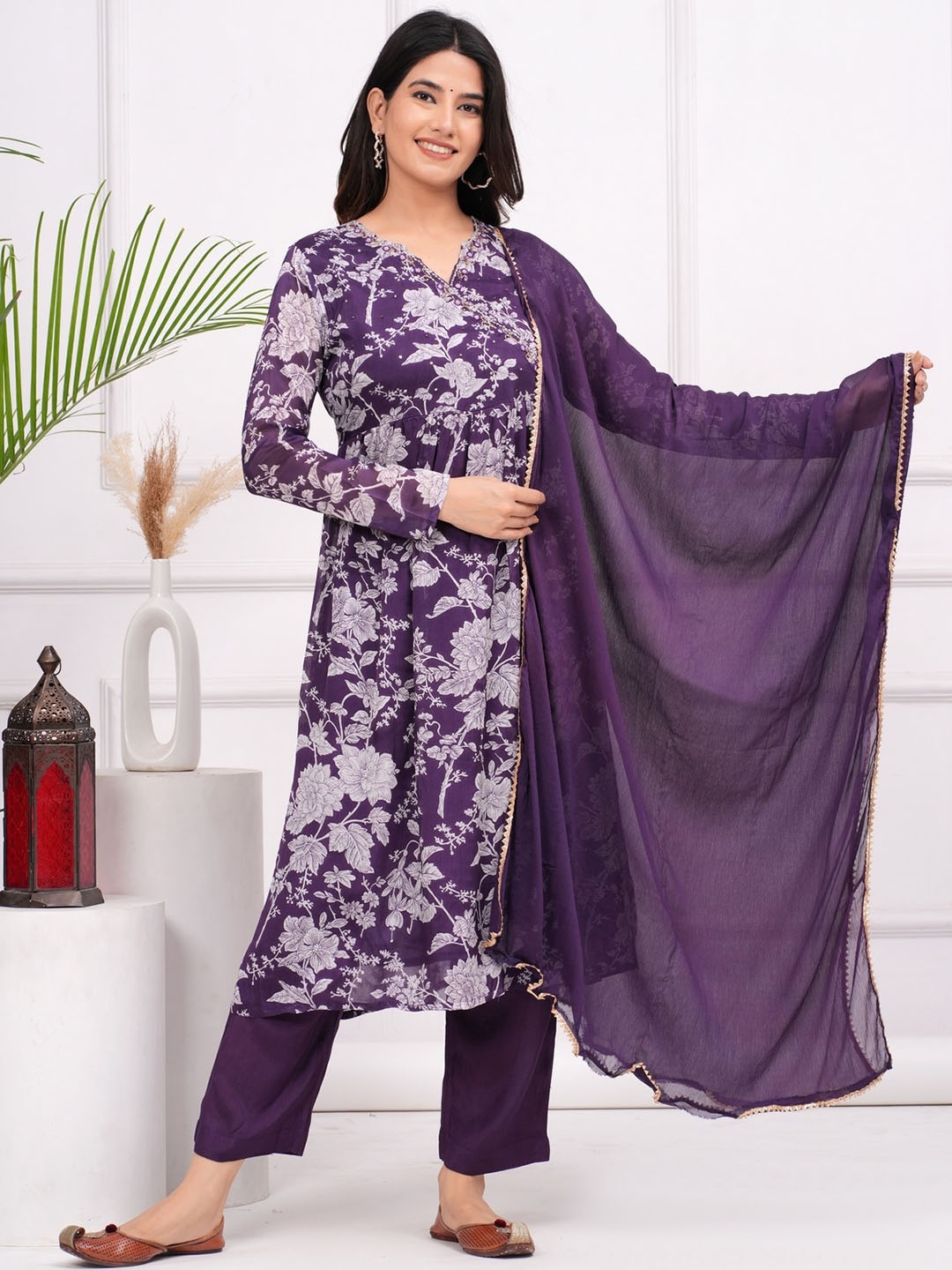 EtnicaWear Floral Printed Pure Silk Empire A-Line Kurta & Trousers With Dupatta, Purple
EtnicaWear Floral Printed Pure Silk Empire A-Line Kurta & Trousers With Dupatta, Purple