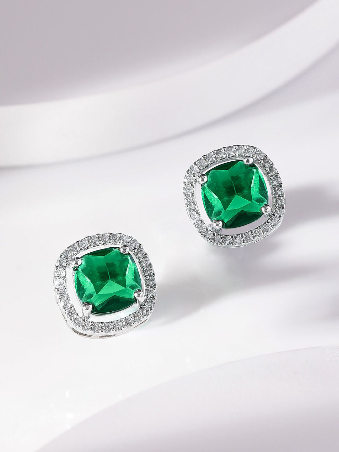 Rubans Premium Rhodium Plated Crystal Emerald & Zirconia Studded Cushion Cut Stud Earrings, Silver
Rubans Premium Rhodium Plated Crystal Emerald & Zirconia Studded Cushion Cut Stud Earrings, Silver