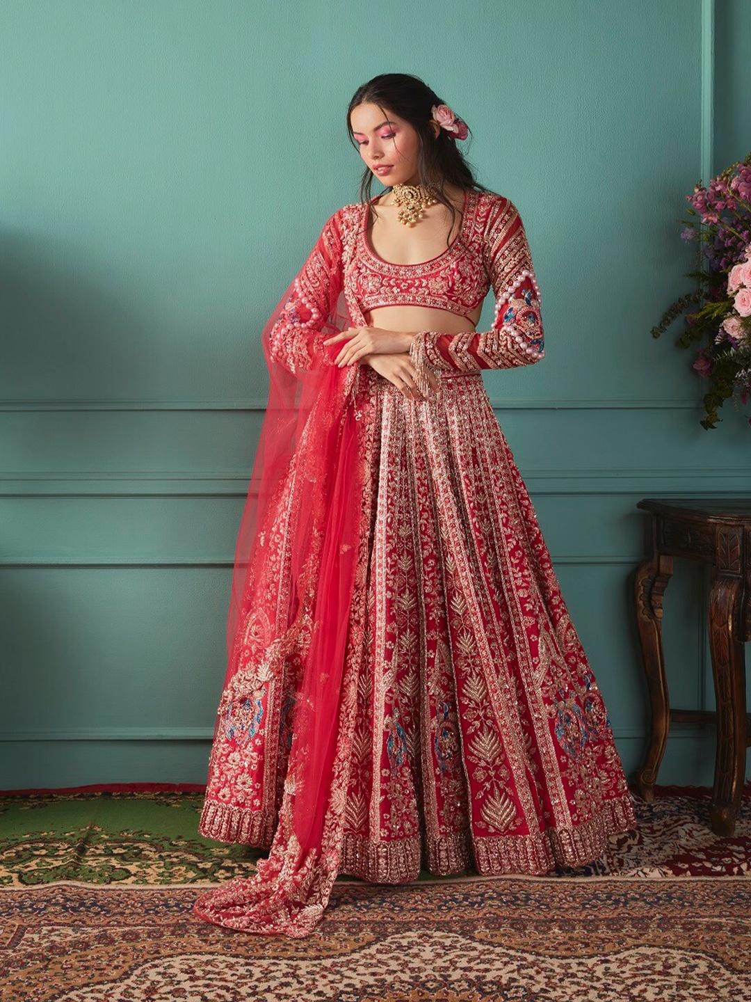 Bindani by Jigar & Nikita Red & Gold-Toned Embroidered Made to Measure Lehenga Blouse With Dupatta
Bindani by Jigar & Nikita Red & Gold-Toned Embroidered Made to Measure Lehenga Blouse With Dupatta