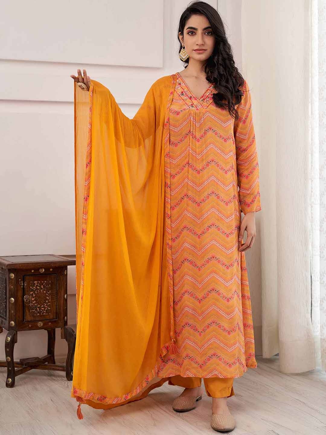 KALINI Chevron Printed Regular Thread Work Straight Kurta with Trousers & Dupatta, Mustard
KALINI Chevron Printed Regular Thread Work Straight Kurta with Trousers & Dupatta, Mustard