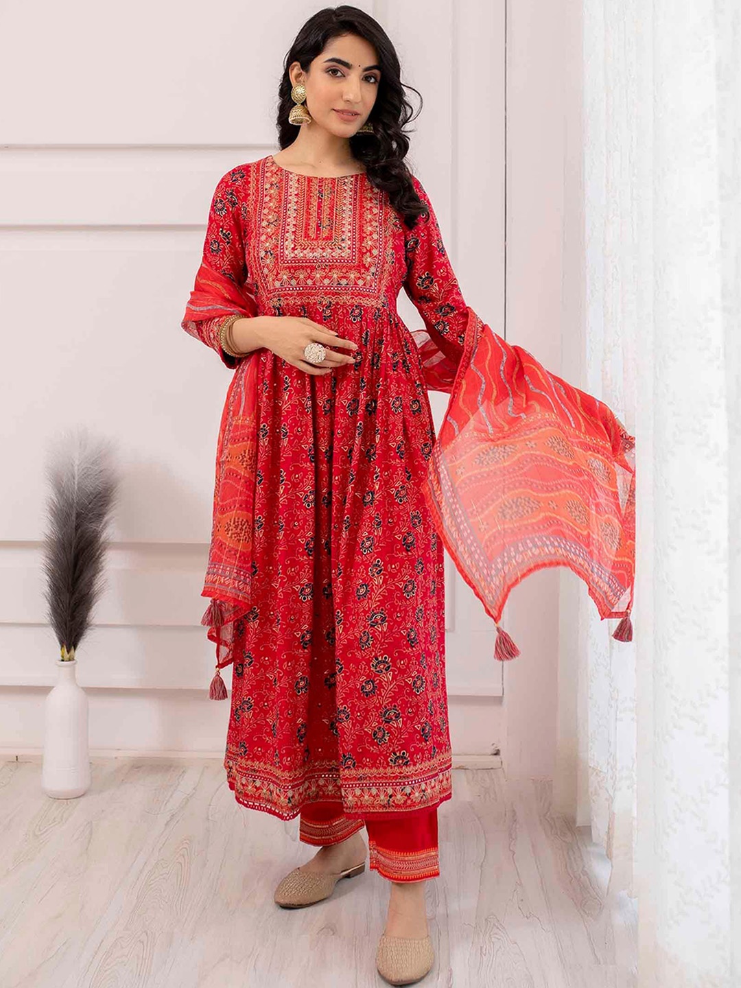 KALINI Floral Printed Mirror Work Pleated A-Line Kurta With Trousers & Dupatta, Red
KALINI Floral Printed Mirror Work Pleated A-Line Kurta With Trousers & Dupatta, Red