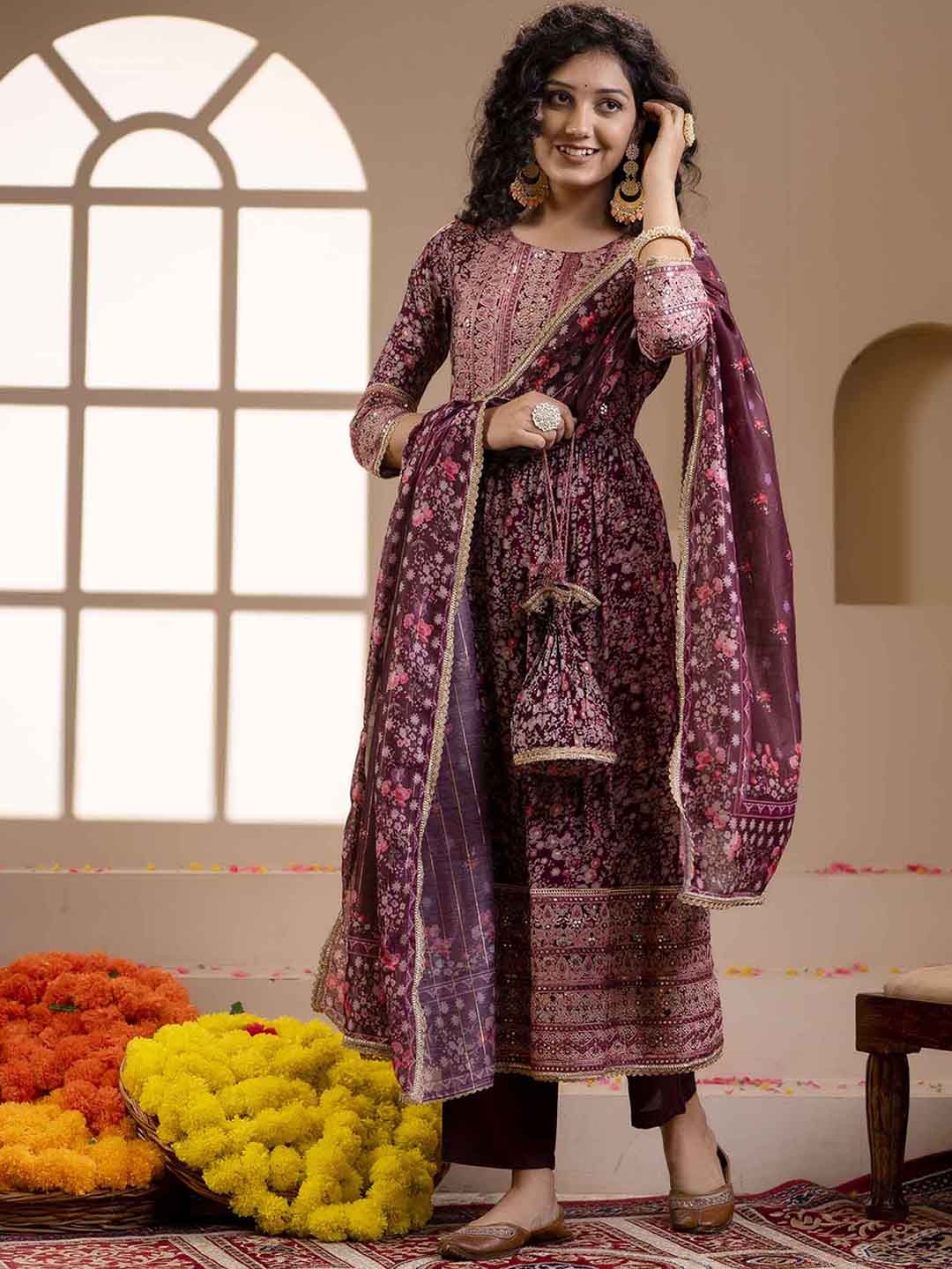 KALINI Floral Printed Mirror Work Pleated A-Line Kurta With Trousers & Dupatta, Maroon
KALINI Floral Printed Mirror Work Pleated A-Line Kurta With Trousers & Dupatta, Maroon