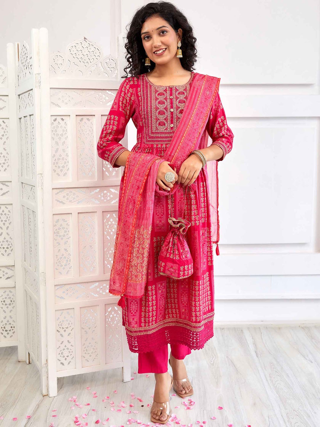 KALINI Ethnic Printed Pleated Zari Sequined A-Line Kurta with Trousers Dupatta & Potli, Pink
KALINI Ethnic Printed Pleated Zari Sequined A-Line Kurta with Trousers Dupatta & Potli, Pink