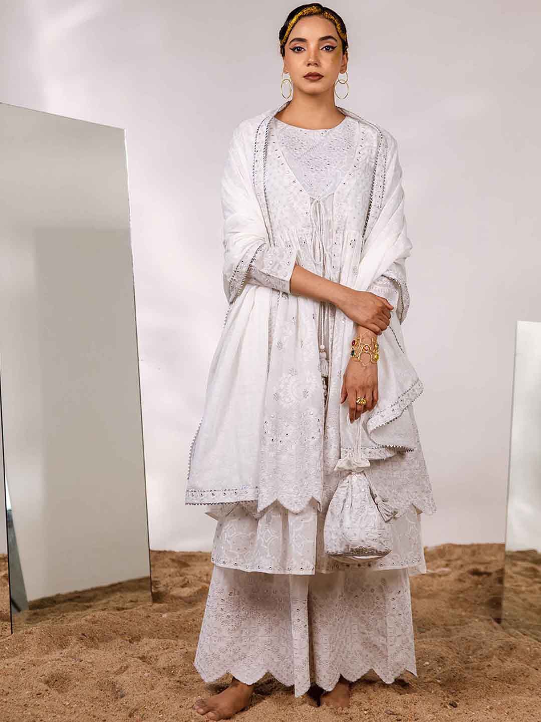 Nehamta Ethnic Motif Embroidered Pure Cotton Anarkali Kurta & Sharara With Dupatta & Shrug, White
Nehamta Ethnic Motif Embroidered Pure Cotton Anarkali Kurta & Sharara With Dupatta & Shrug, White