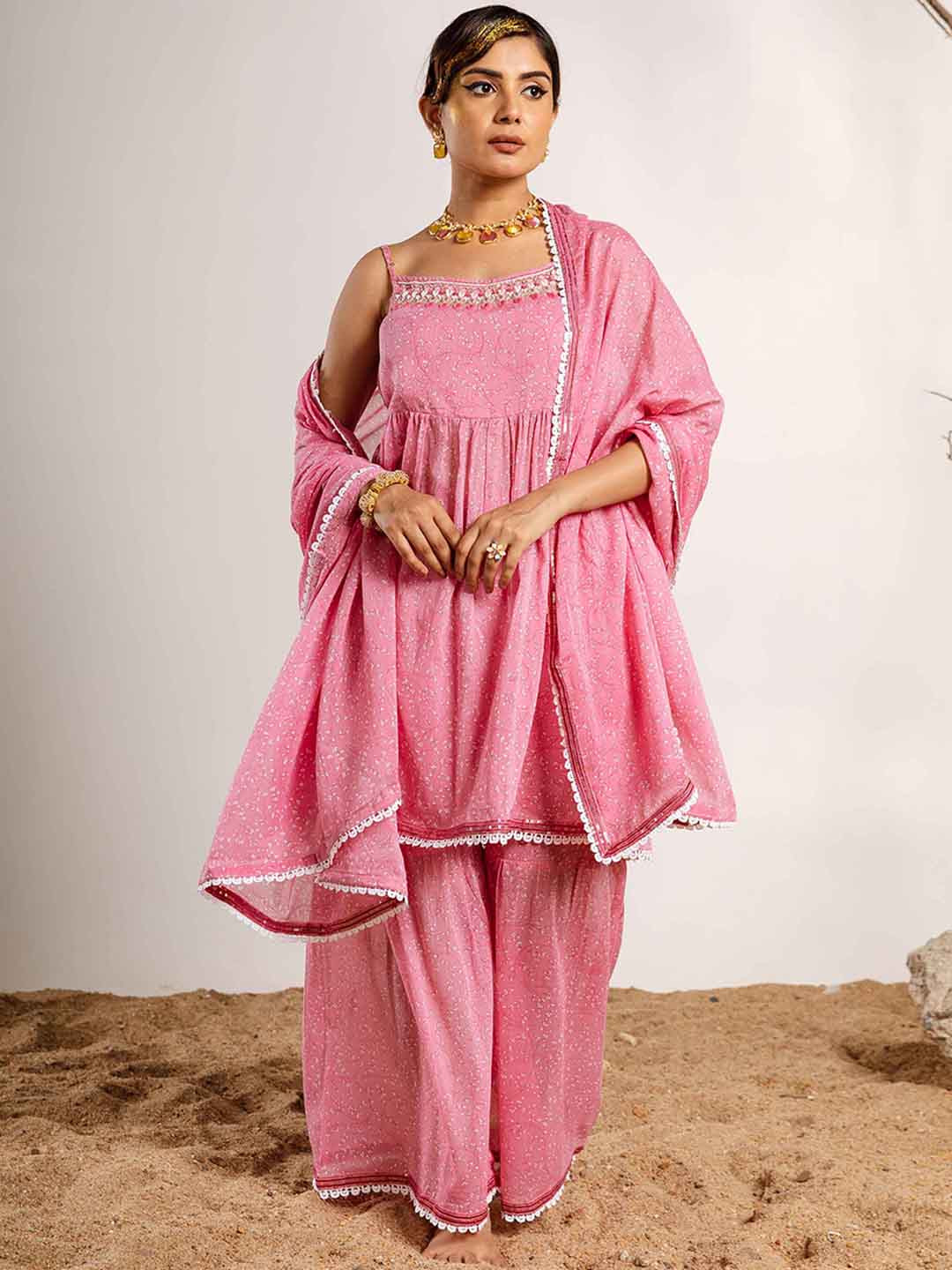 Nehamta Floral Printed Thread Work Pure Cotton Kurta with Sharara & With Dupatta Potli Set, Pink
Nehamta Floral Printed Thread Work Pure Cotton Kurta with Sharara & With Dupatta Potli Set, Pink